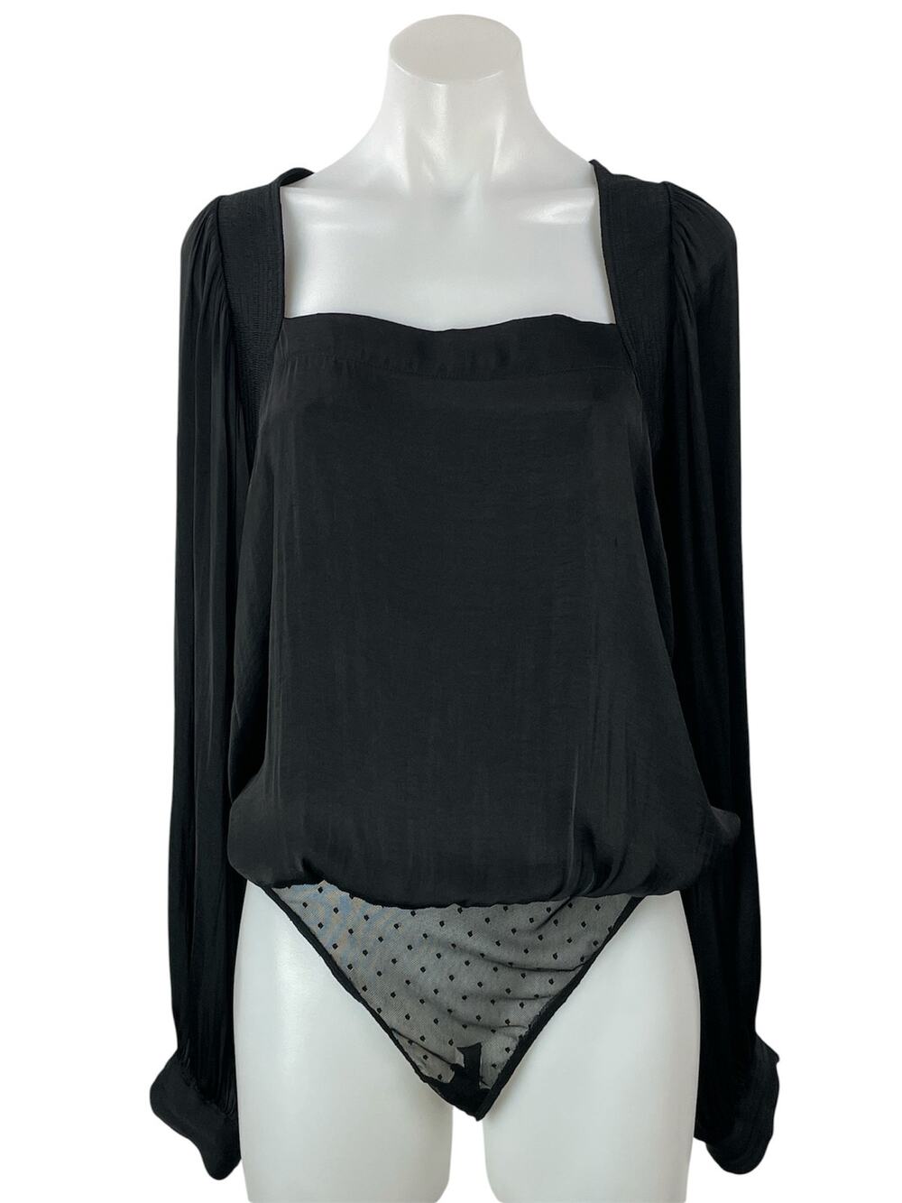 Free People Intimately Black Long Sleeve Smocked Lace Thong Bodysuit Top Size S